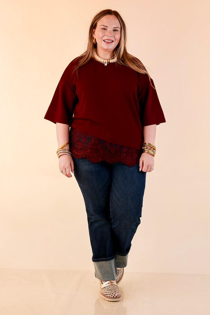 Laced with Charm Oversized Asymmetrical Lace Trim Boxy Top in Maroon
