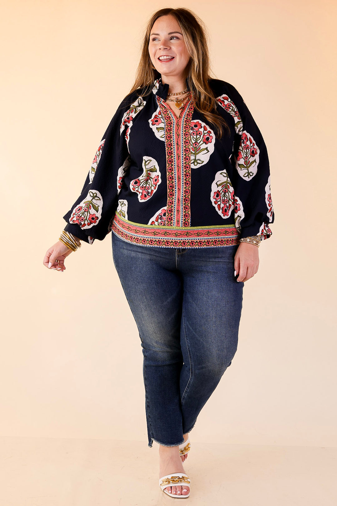 Farmer's Market Flair Floral Print V Neck Blouse with Long Balloon Sleeves in Navy