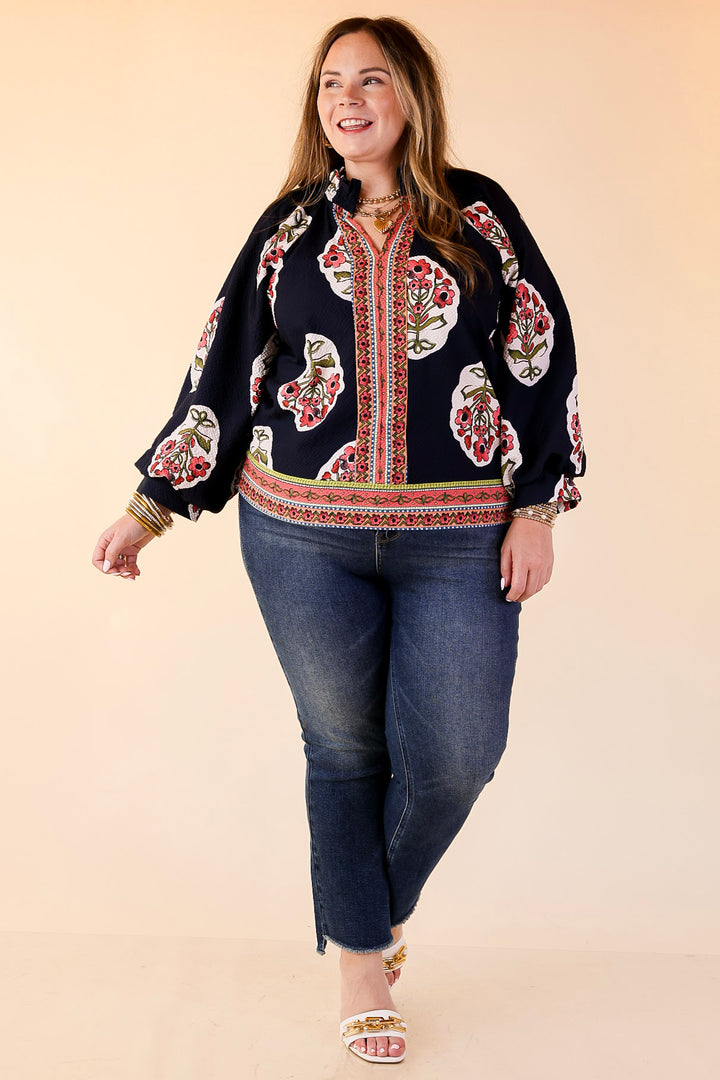 Farmer's Market Flair Floral Print V Neck Blouse with Long Balloon Sleeves in Navy