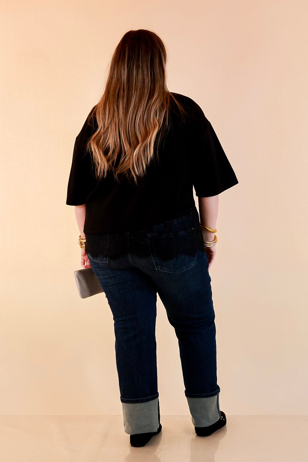 Laced with Charm Oversized Asymmetrical Lace Trim Boxy Top in Black