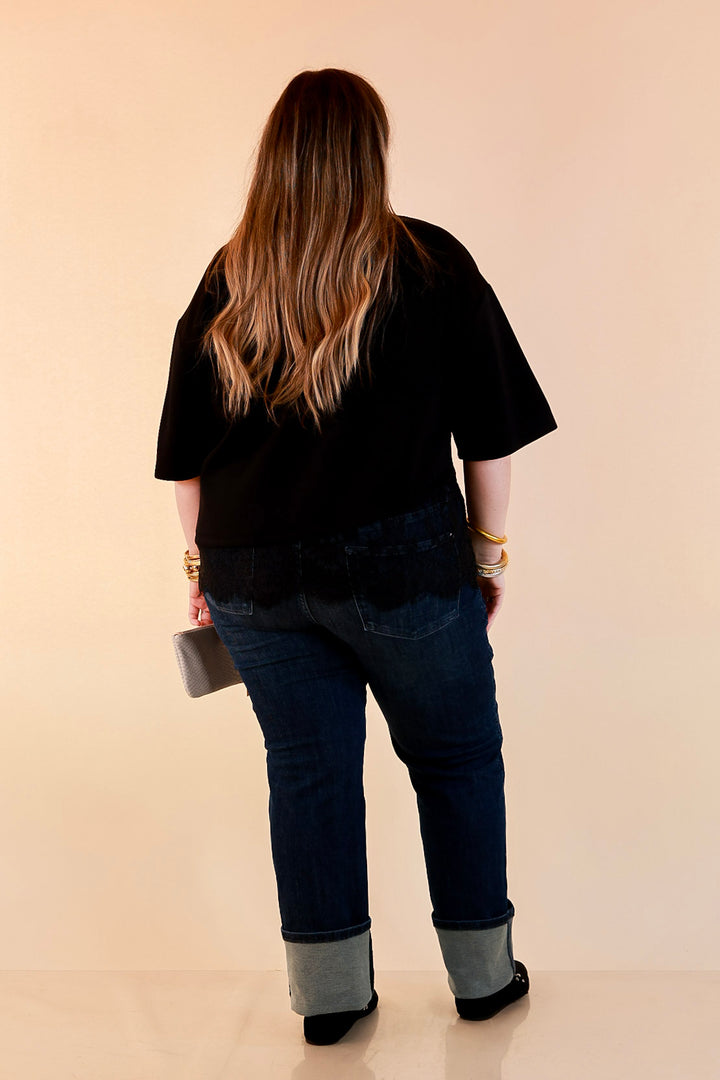 Laced with Charm Oversized Asymmetrical Lace Trim Boxy Top in Black