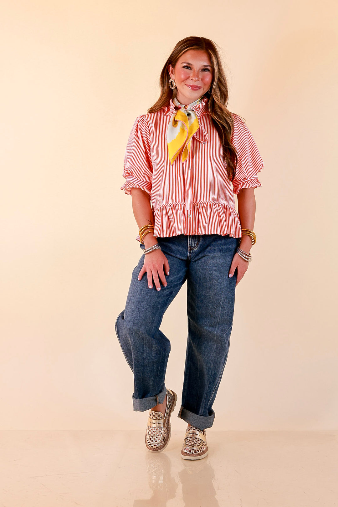 Tea Time Charm Tie Neck Puff Sleeve Peplum Button Front Stripe Blouse in Orange