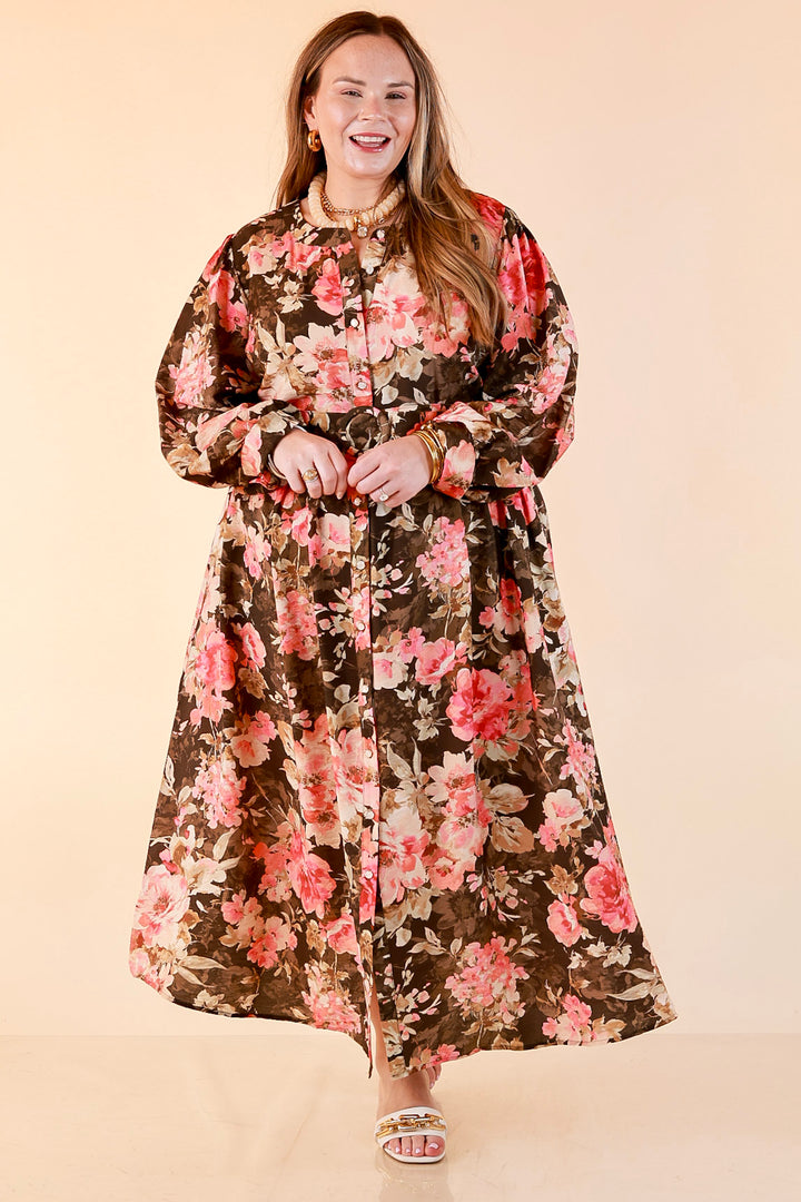 Written in the Roses Long Sleeve Floral Button Front Belted Midi Dress in Olive Green Multi
