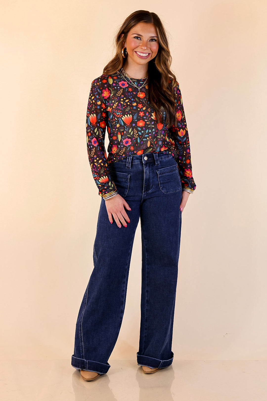 The Perfect Layer Colorful Floral Fiesta Print Mesh Long Sleeve Top in Black