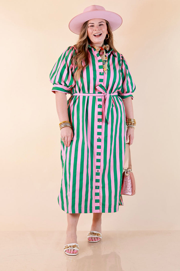 Palm Springs Pretty Puff Sleeve Button Front Belted Midi Dress with Stripe Print in Pink and Kelly Green