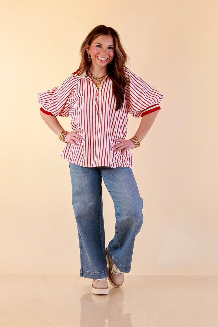 Bold Instincts Striped Print Half Zip Top with Puff Sleeves in Red and Ivory
