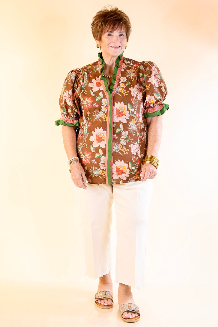 Endless Elegance Ruffled V Neck Floral Print Top in Brown, Mauve and Green