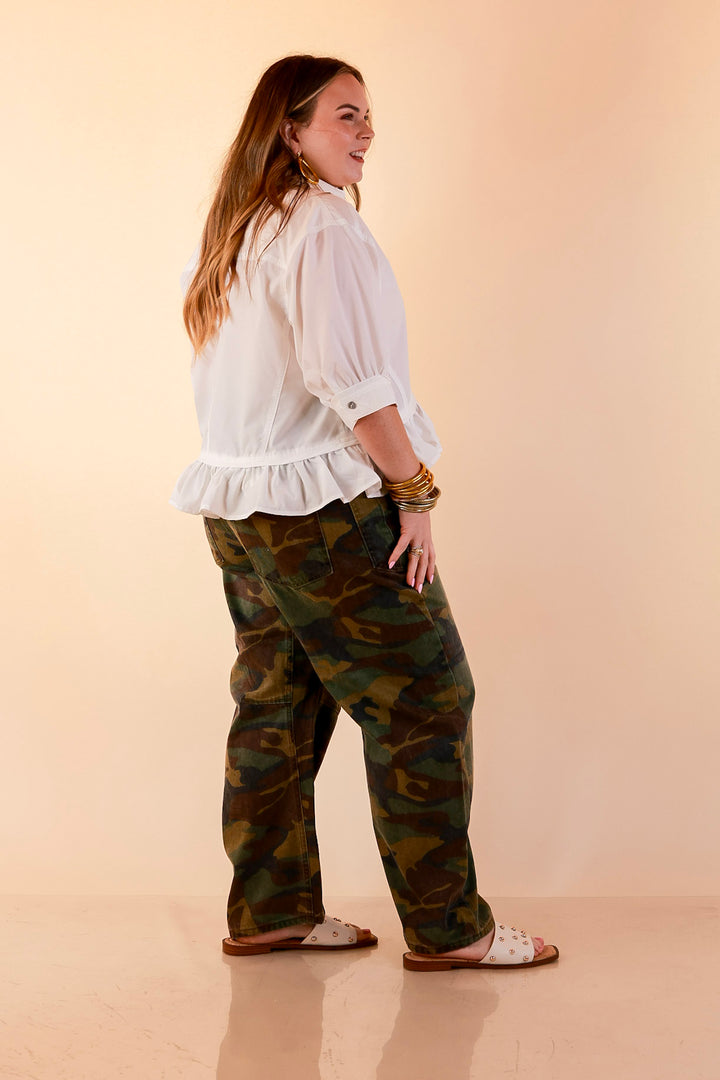 Style Agenda Solid Button Down Peplum Top in White