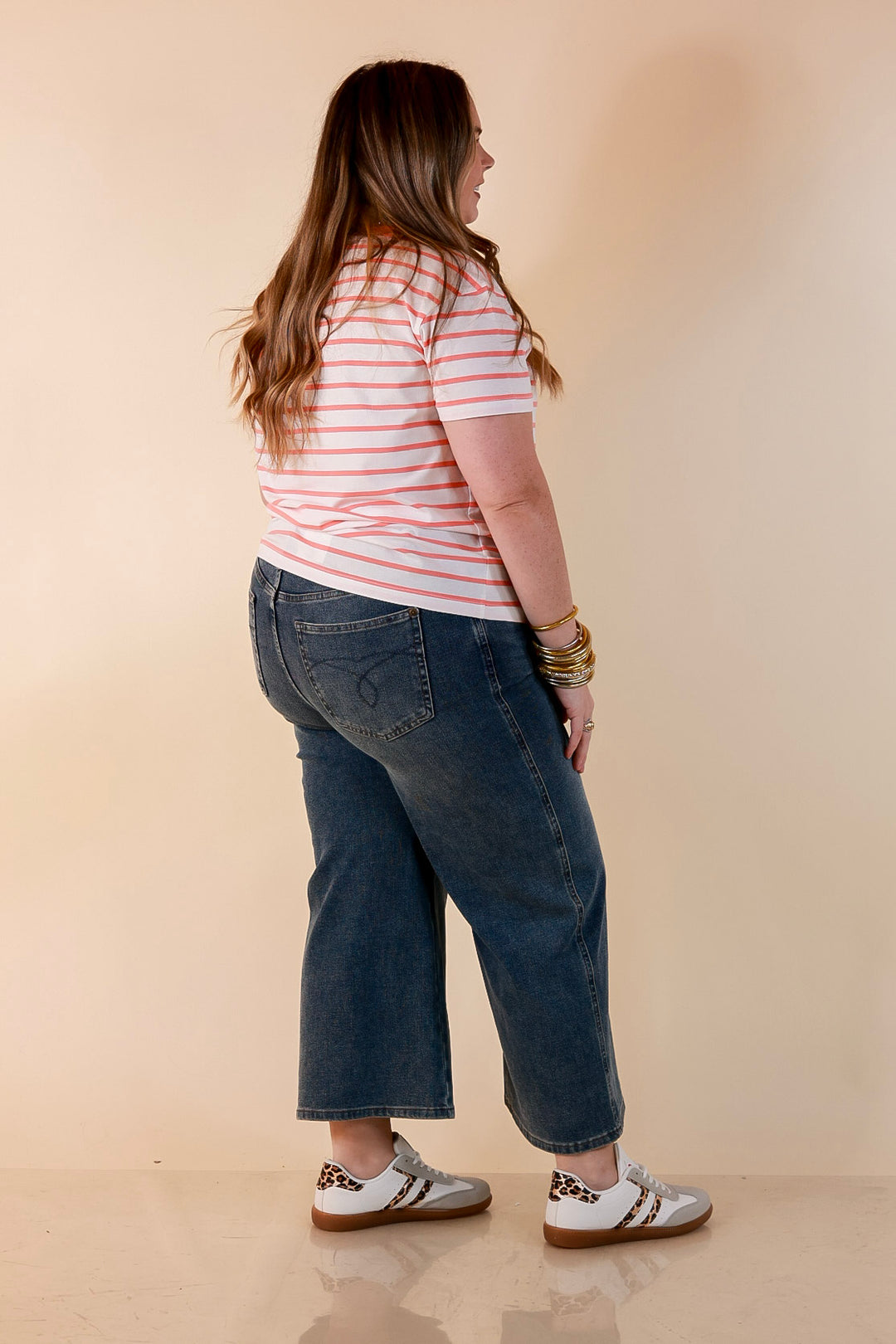 The Daily Stripe Scoop Neck Short Sleeve Striped Tee Top in Coral Orange