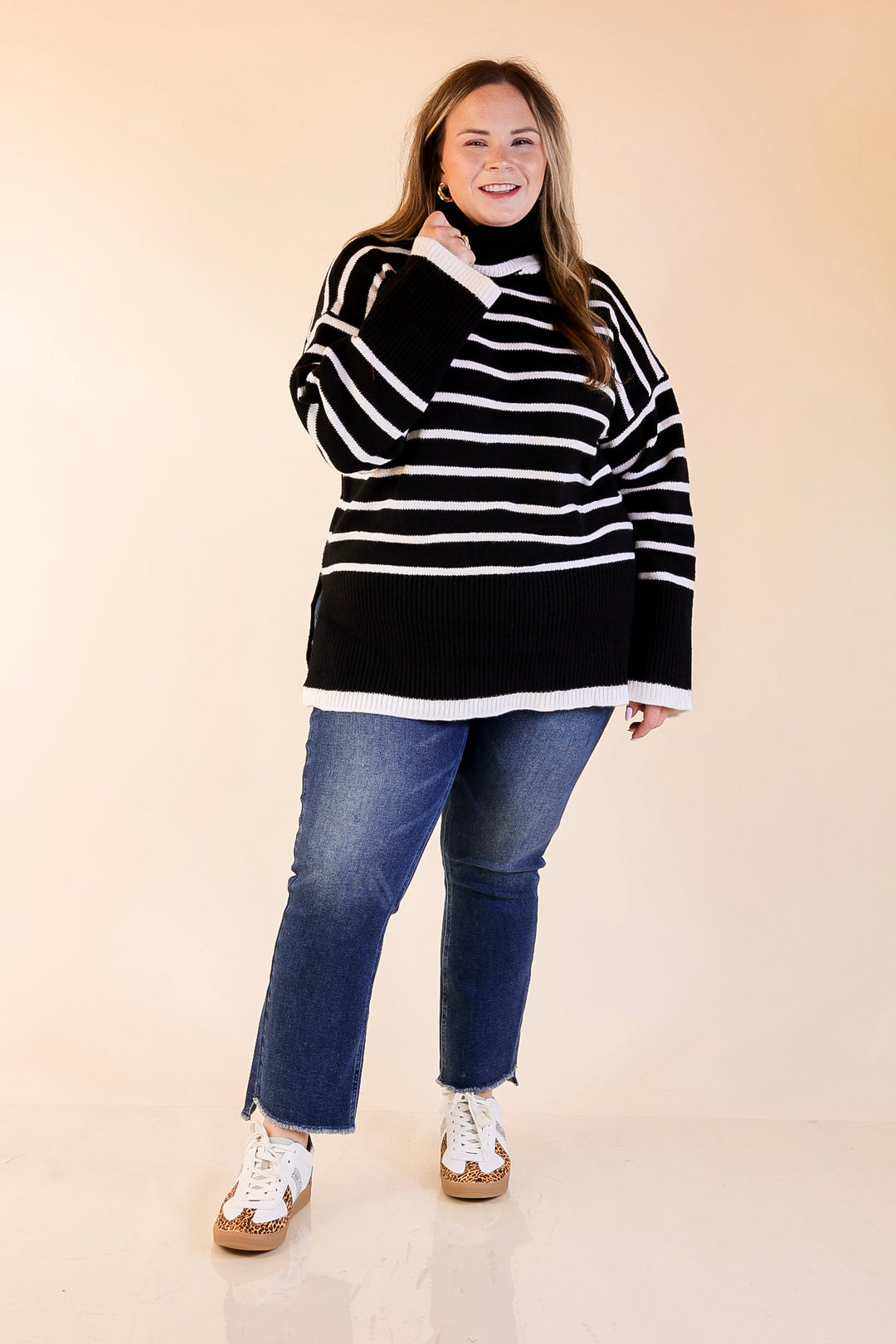 Mud Pie | Dunn Turtleneck Sweater with White Stripes in Black