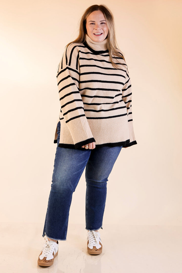 Mud Pie | Dunn Turtleneck Sweater with Black Stripes in Tan