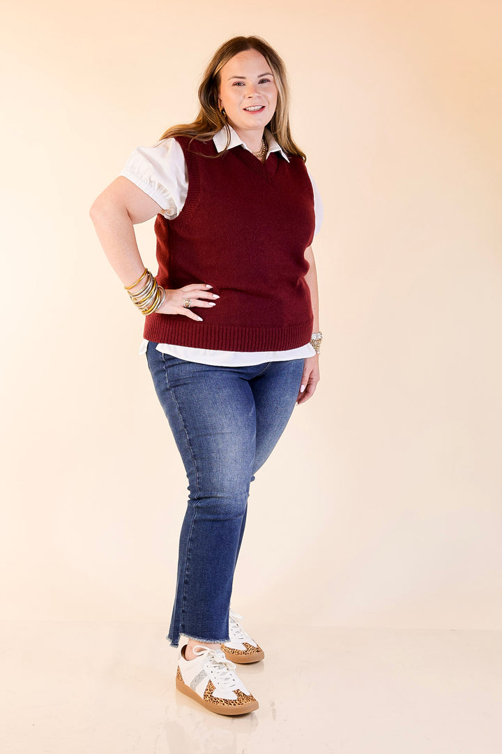 Vested Interest Knit V Neck Sweater Vest in Maroon