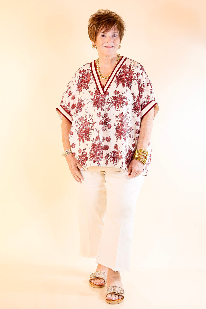 Chic Rewind V Neck Placket Floral French Toile Short Sleeve Top in Maroon and Ivory