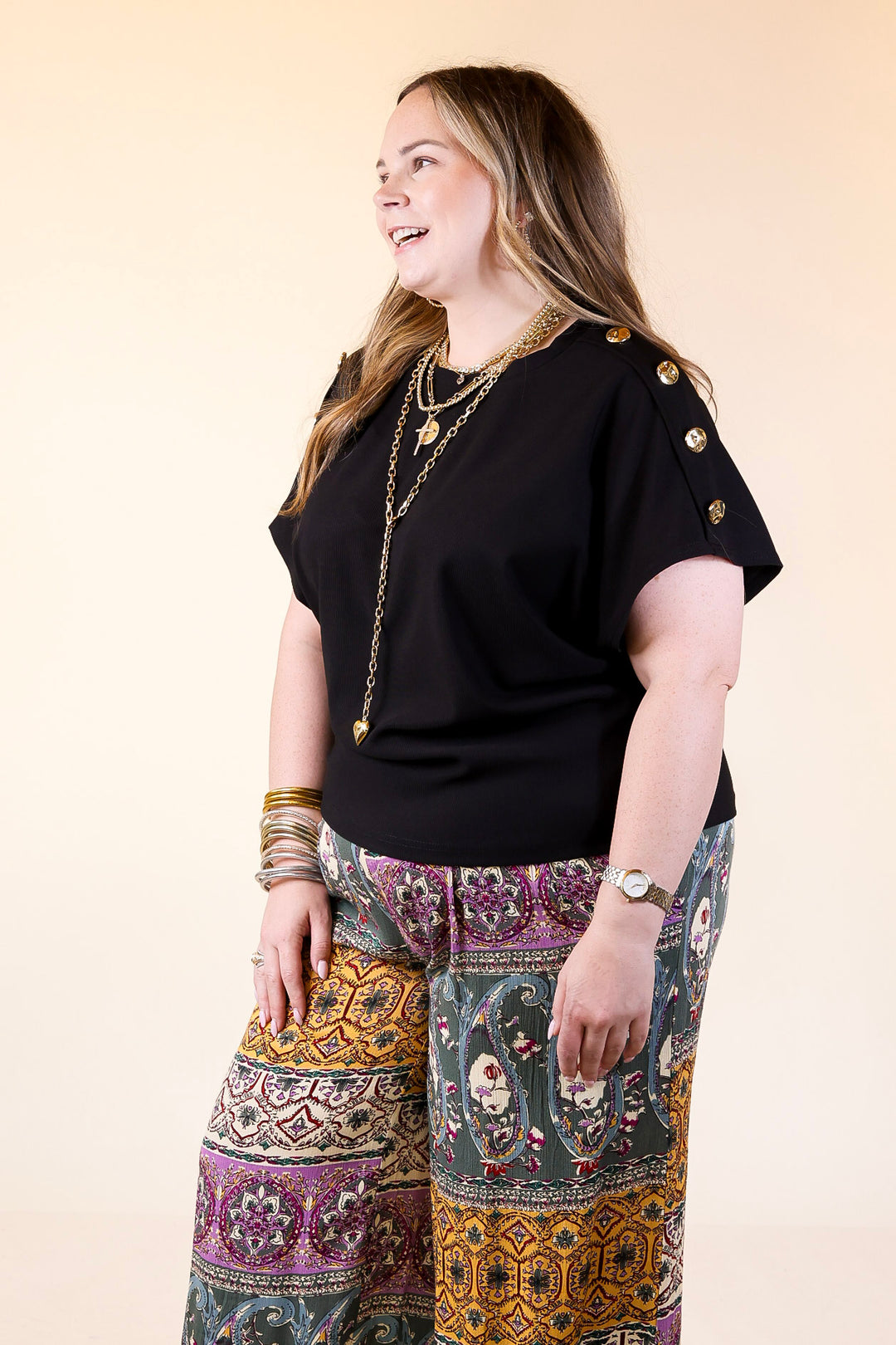 Golden Hour Glow Ribbed Crew Neck Top With Gold Button Detailing in Black