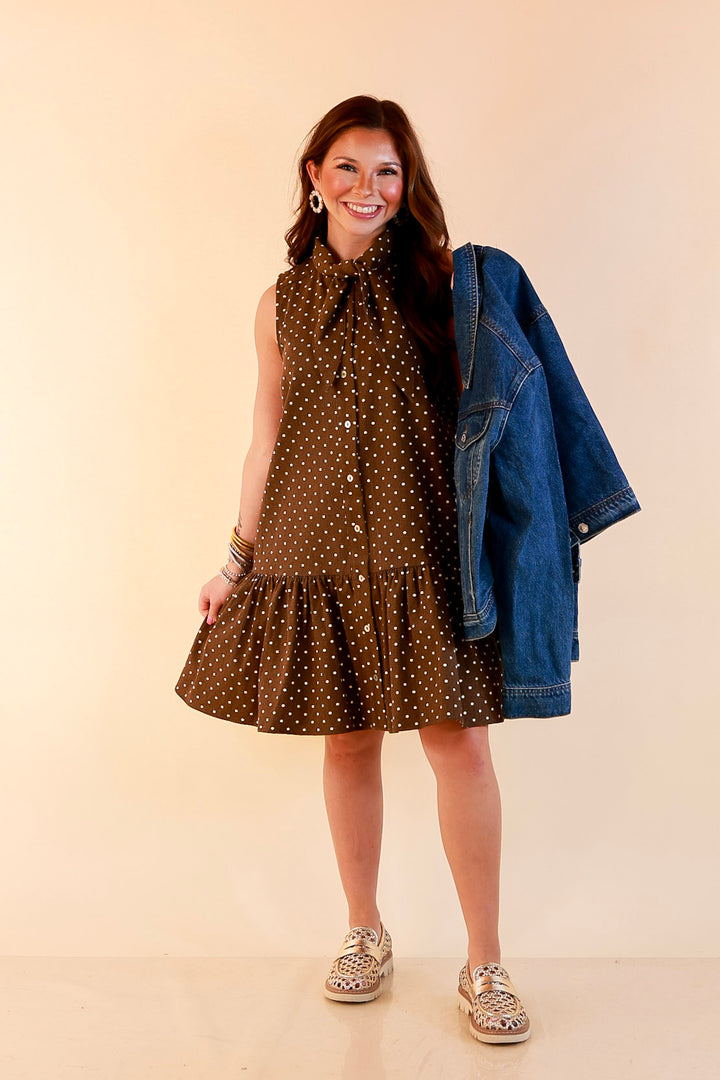 Sweet Spot Denim Polka Dot Bow Neck Tie Button Front Drop Waist Dress in Chocolate Brown