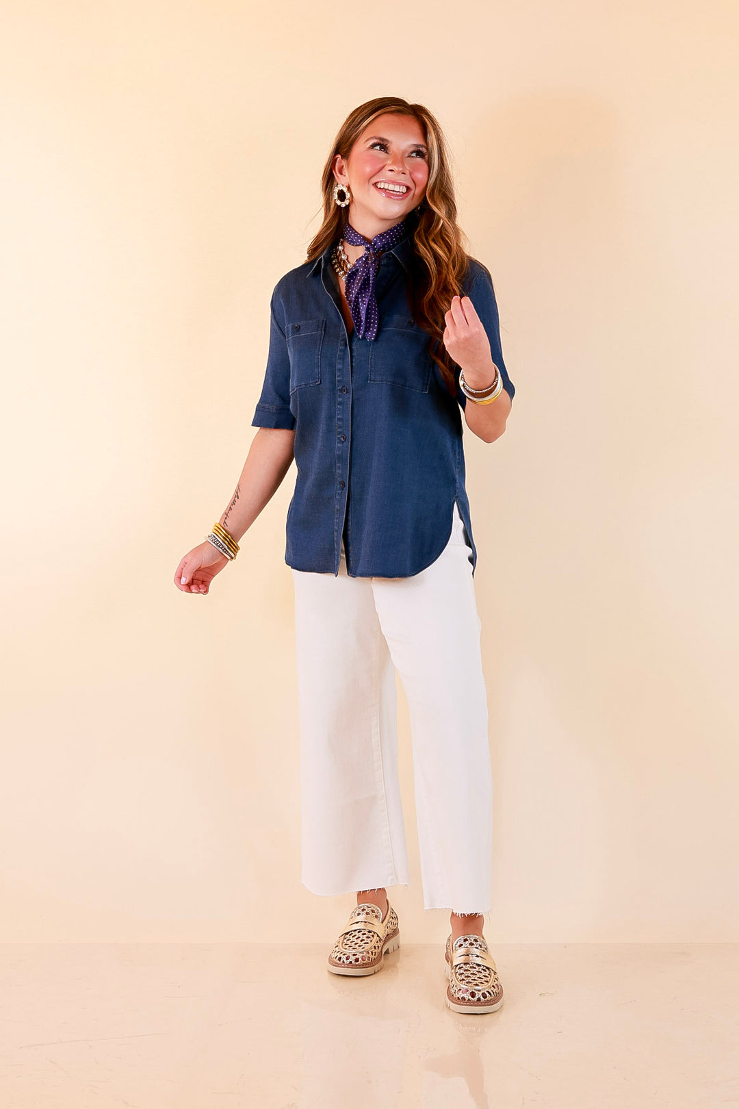 Lyssé | Best Dressed Short Sleeve Button Down Chambray Denim Shirt in Dark Wash