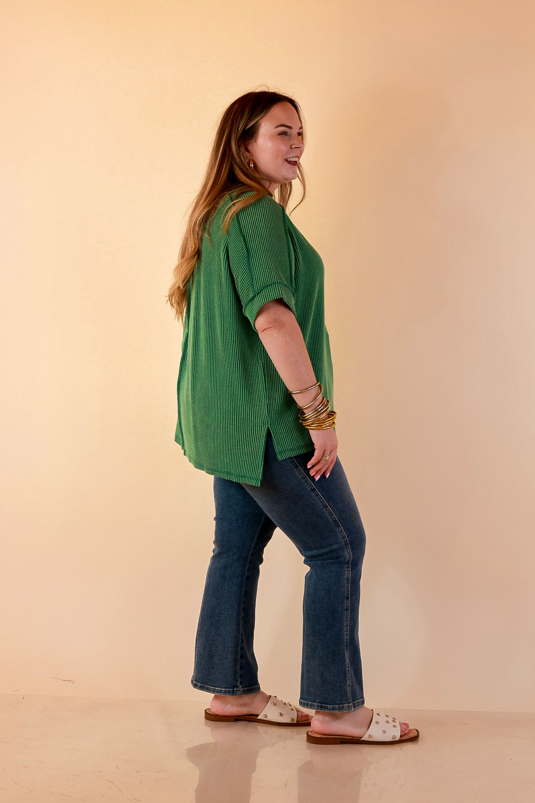 Daily Perfection Scoop Neck Short Sleeve Ribbed Top in Green