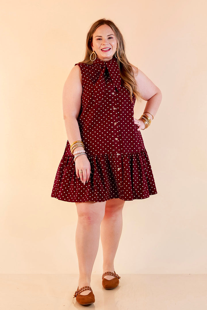 Sweet Spot Denim Polka Dot Bow Neck Tie Button Front Drop Waist Dress in Maroon