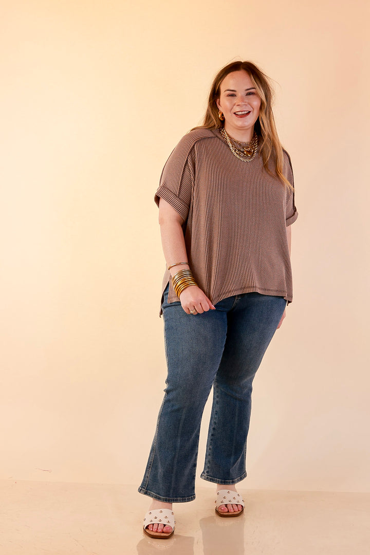 Daily Perfection Scoop Neck Short Sleeve Ribbed Top in Dark Mocha Brown