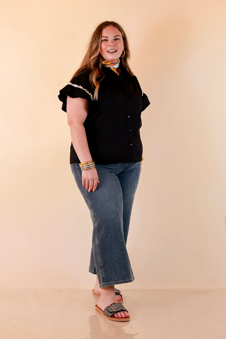Pearl Perfection Pearl Trim Ruffle Sleeve Button Front Top in Black