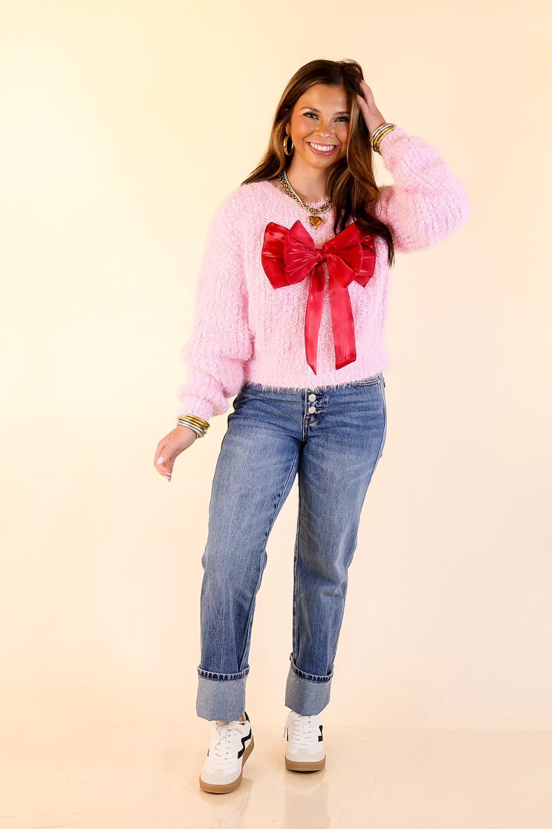Simply Southern | Tied to Perfection Eyelash Textured Knit Sweater with Red Bow in Pink