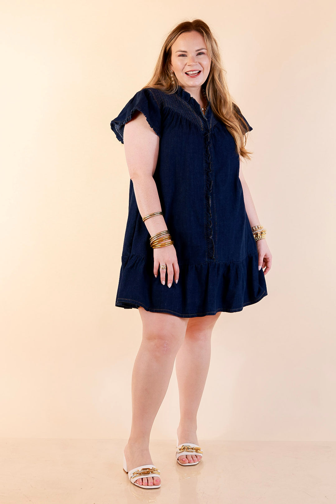 Day to Day Denim Smocked Yoke Dress with Ruffle Front and Flutter Sleeves in Dark Wash