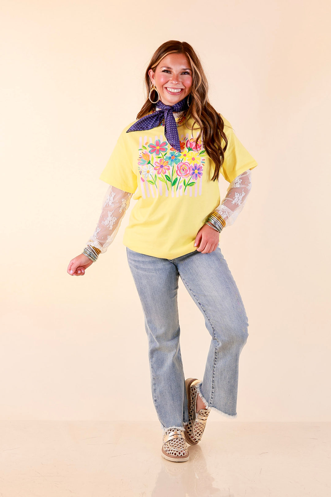Freshly Picked Floral and Stripe Print Short Sleeve Graphic Tee in Yellow
