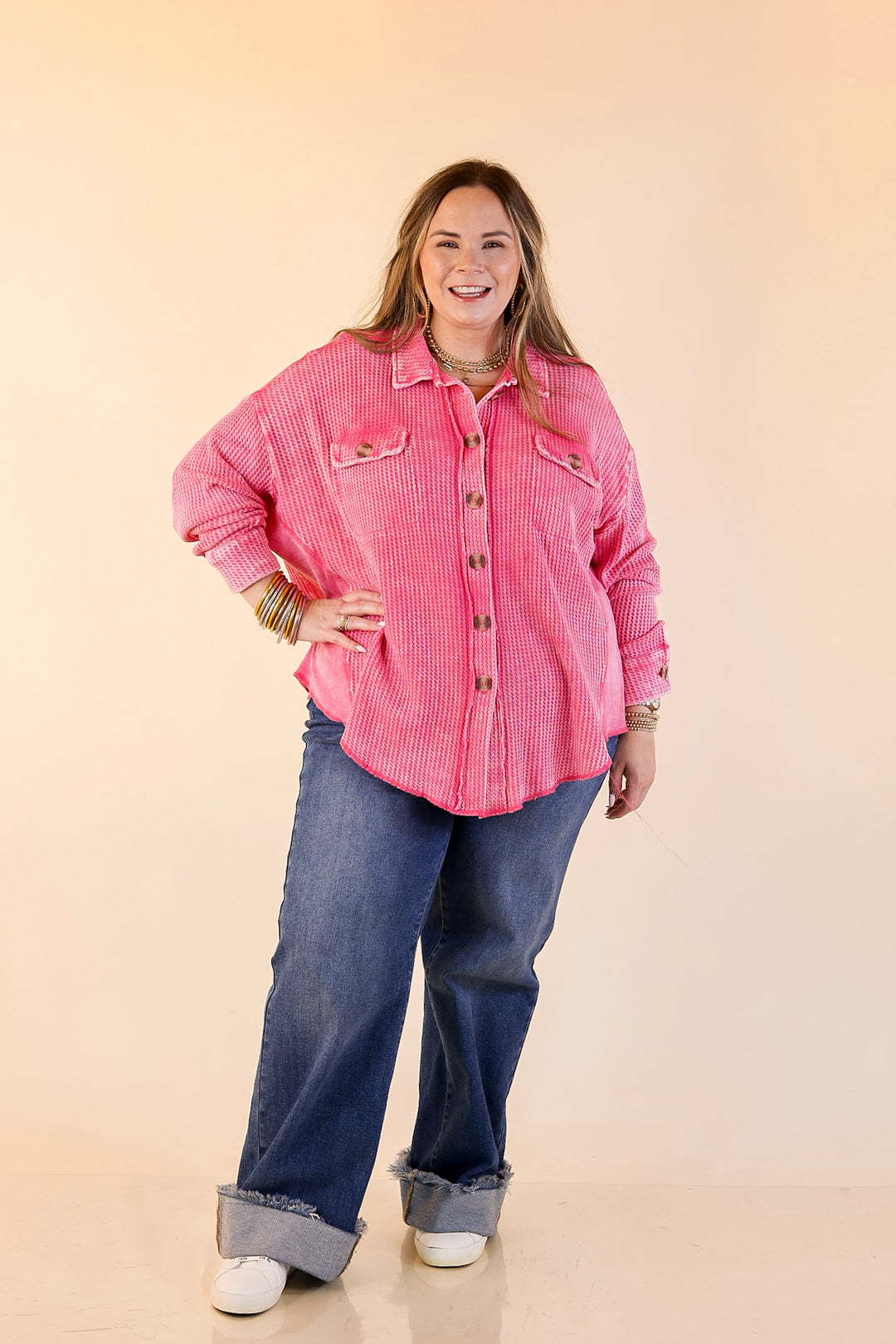 On the Move Long Sleeve Waffle Knit Button Up Shacket in Pink