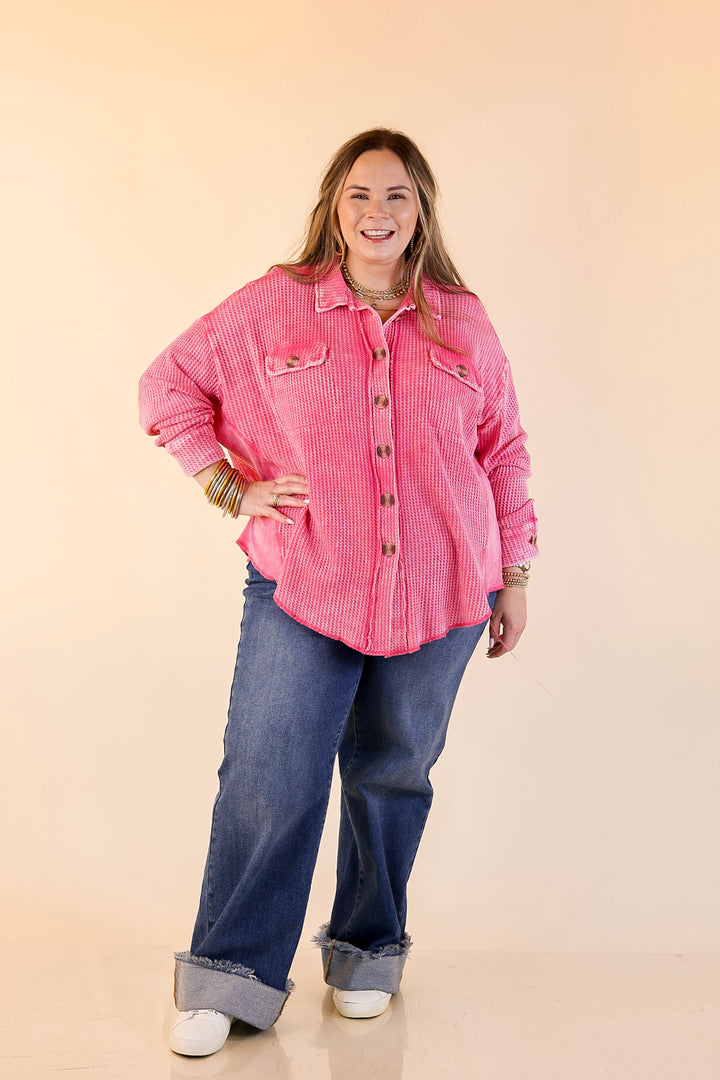 On the Move Long Sleeve Waffle Knit Button Up Shacket in Pink