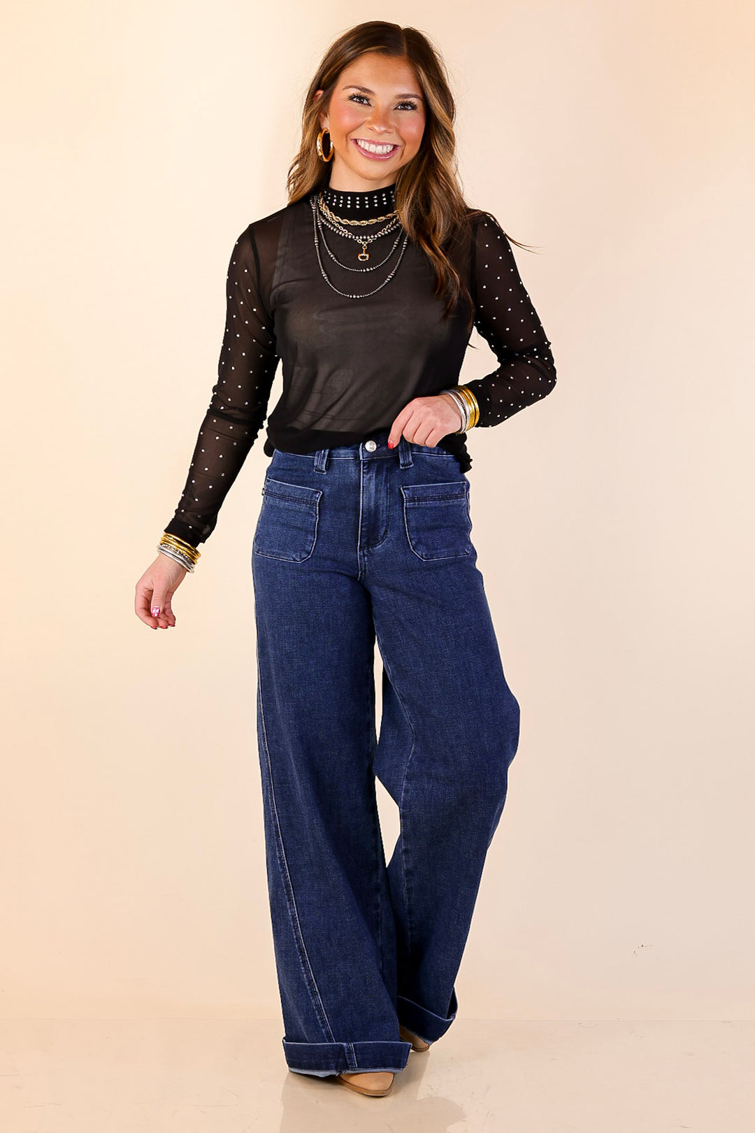 Sheer Confidence Solid Mesh Long Sleeve Top with Rhinestone Detailing in Black