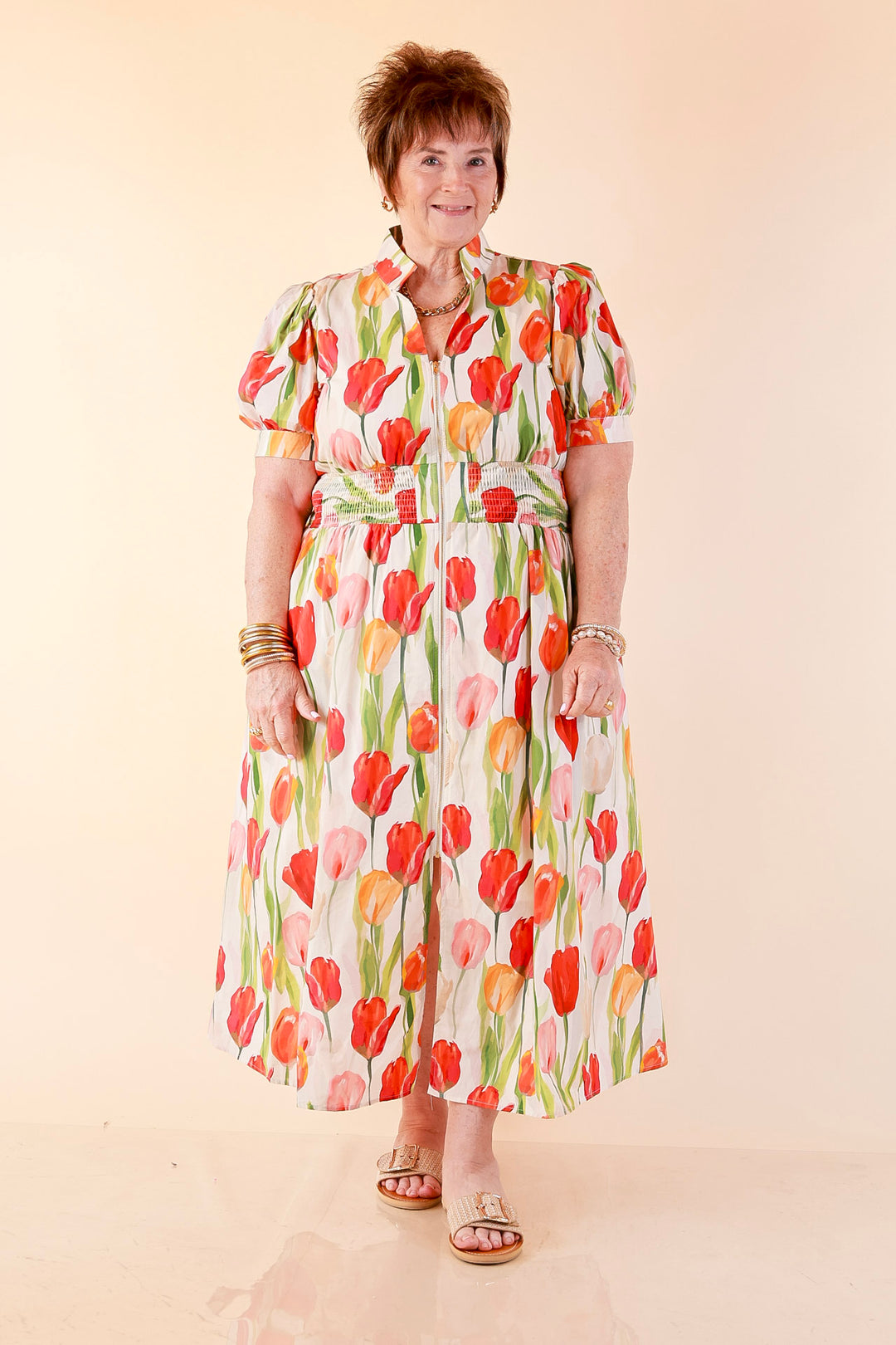 Modern Charm Zip Front Midi Tulip Print Dress with Smocked Waist and Short Sleeves in Cream