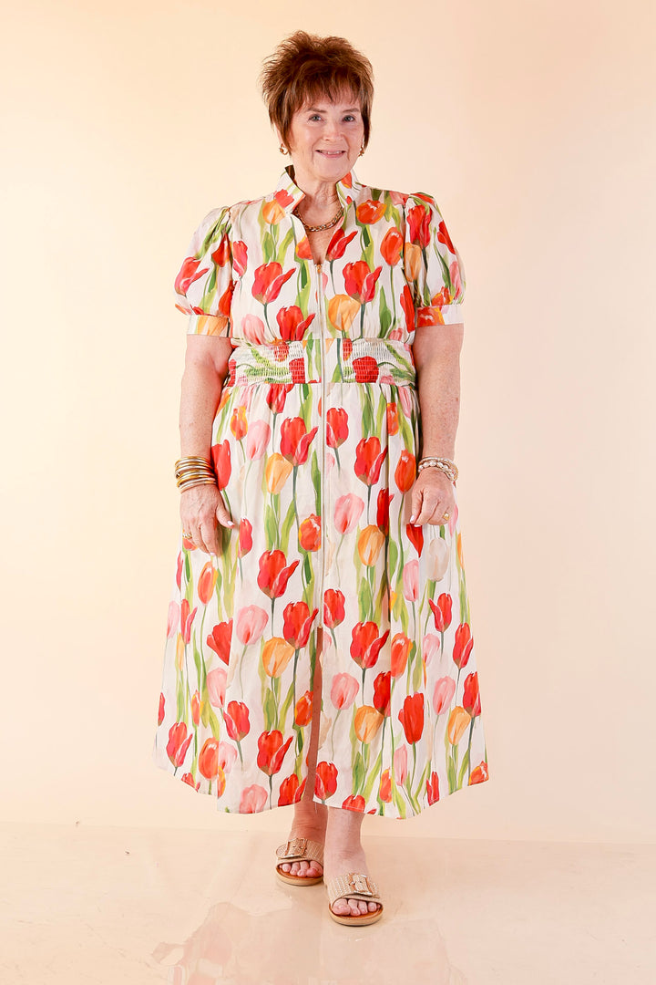 Modern Charm Zip Front Midi Tulip Print Dress with Smocked Waist and Short Sleeves in Cream