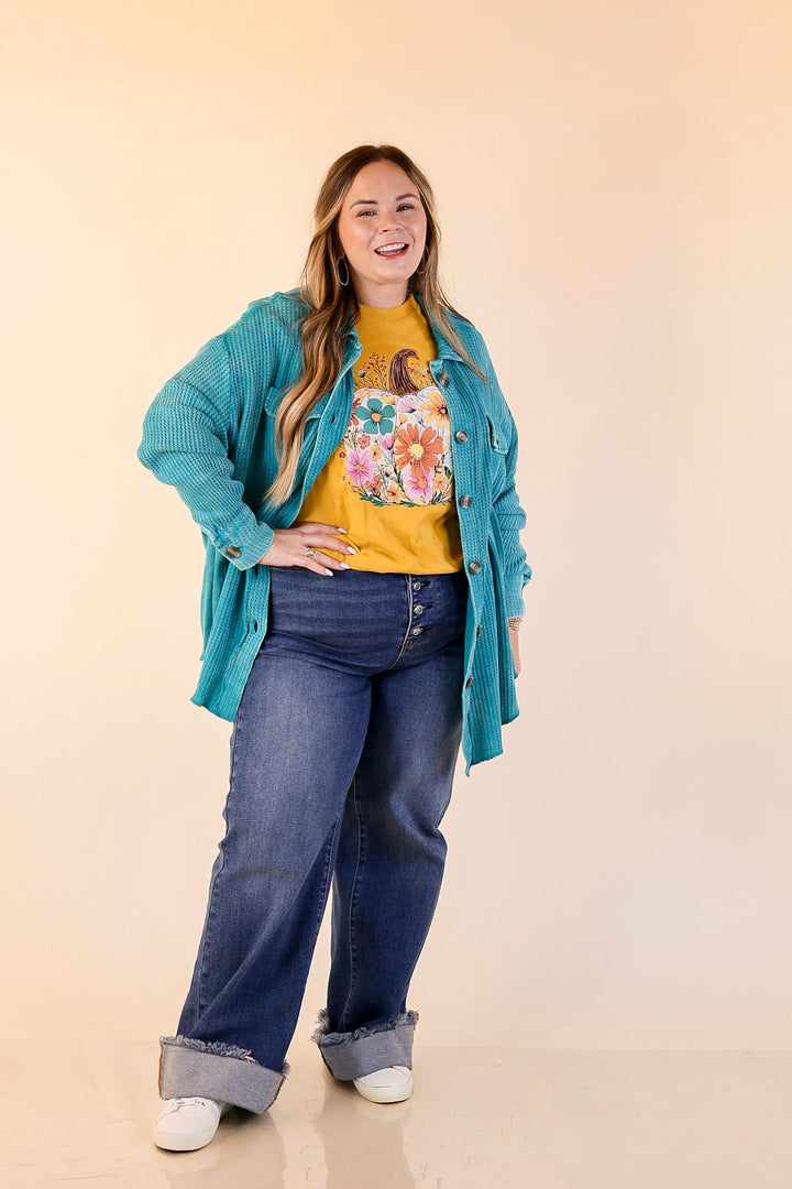 On the Move Long Sleeve Waffle Knit Button Up Shacket in Turquoise Blue