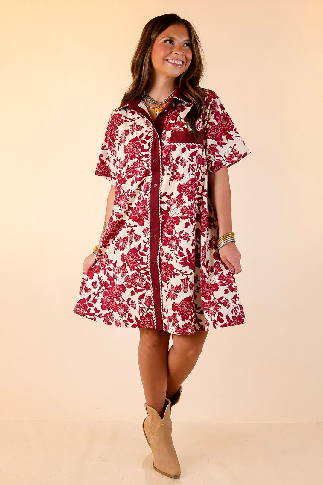 Chic Perspective Collared Button Up Floral Toile Shift Dress in Maroon