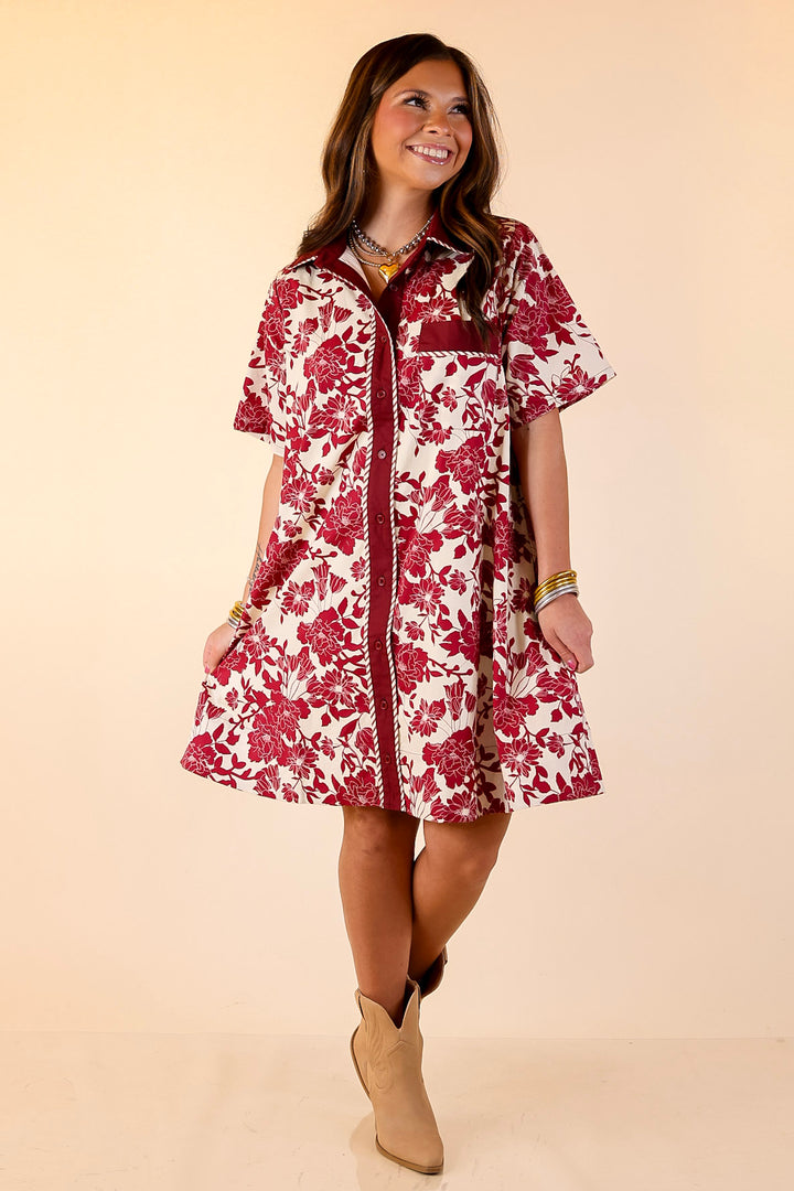 Chic Perspective Collared Button Up Floral Toile Shift Dress in Maroon