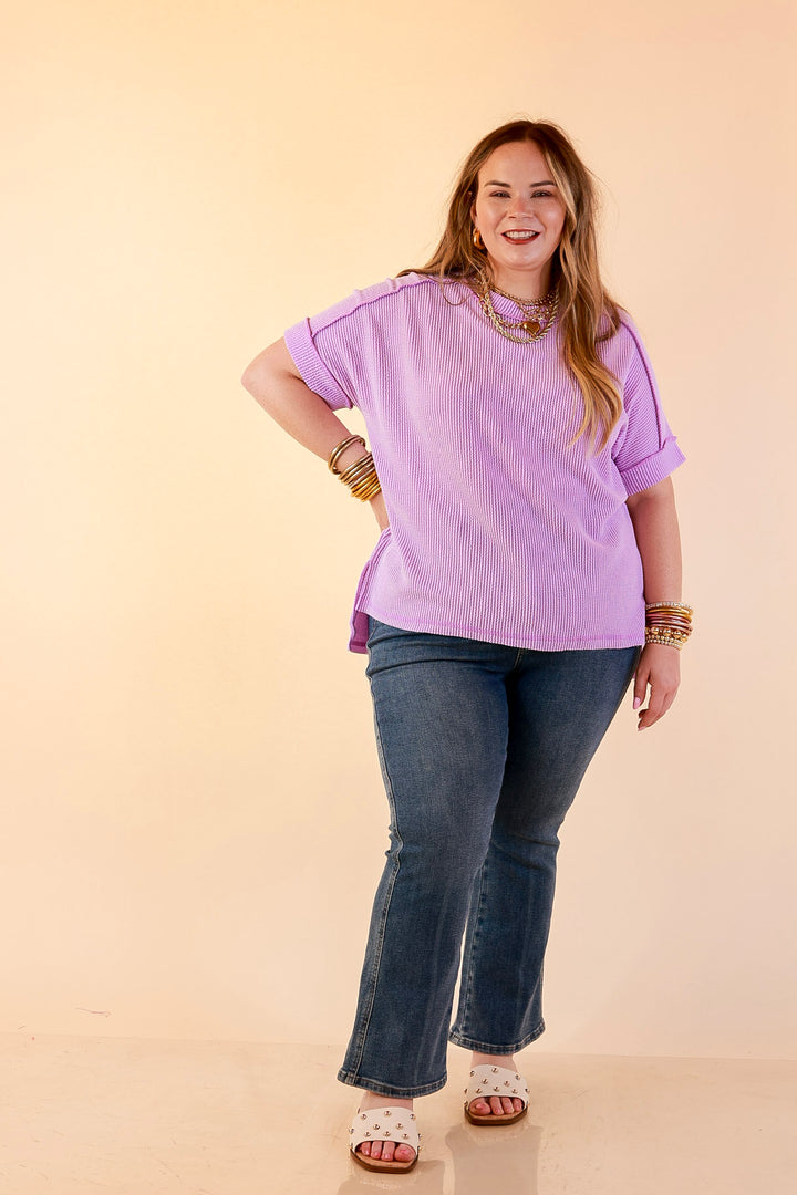 Daily Perfection Scoop Neck Short Sleeve Ribbed Top in Lavender Purple