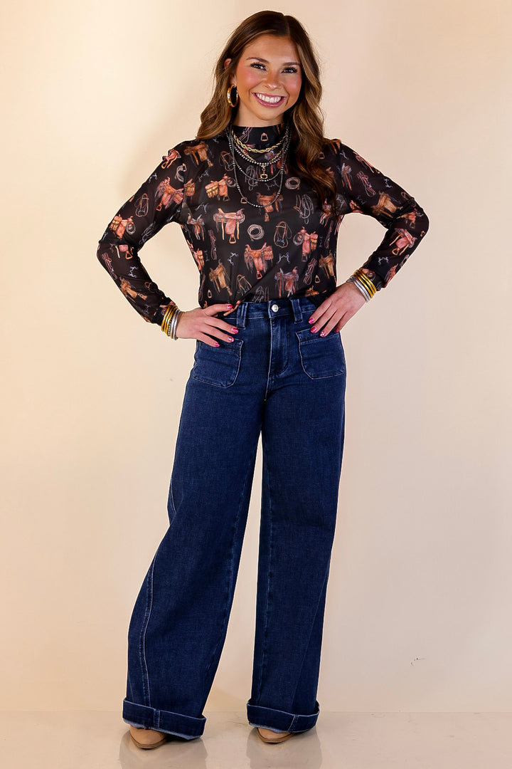 Sheer Confidence Western Saddle and Bits Icons Mesh Long Sleeve Top in Black