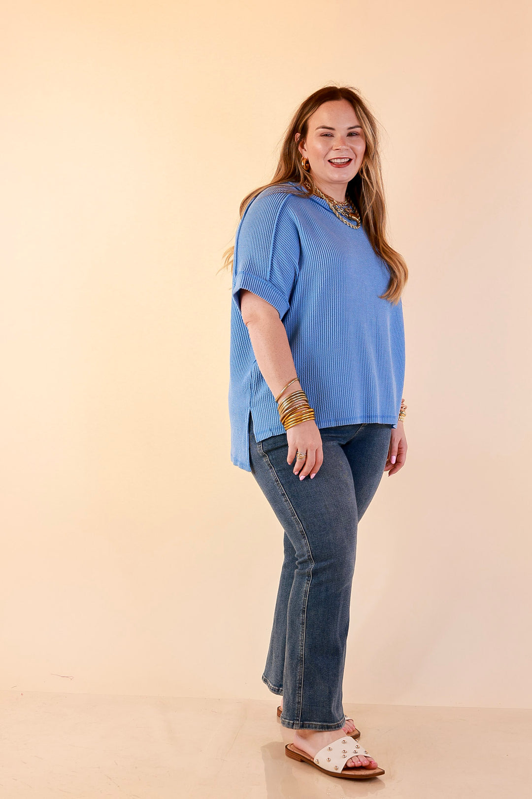 Daily Perfection Scoop Neck Short Sleeve Ribbed Top in Sky Blue