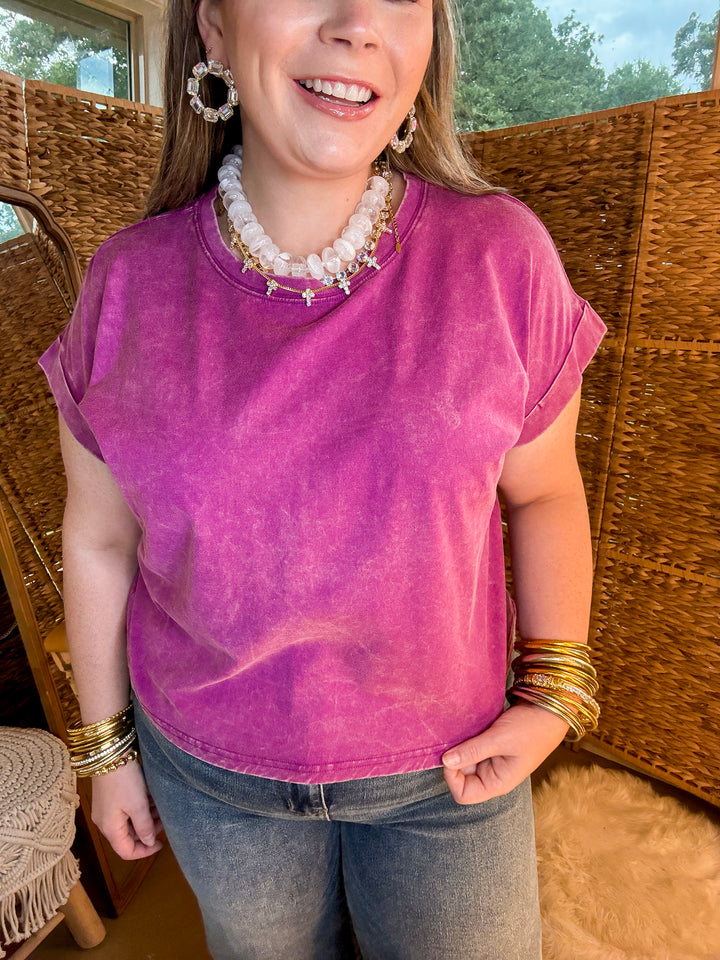 Easy Chic Mineral Washed Short Sleeve Cropped Tee in Plum Purple