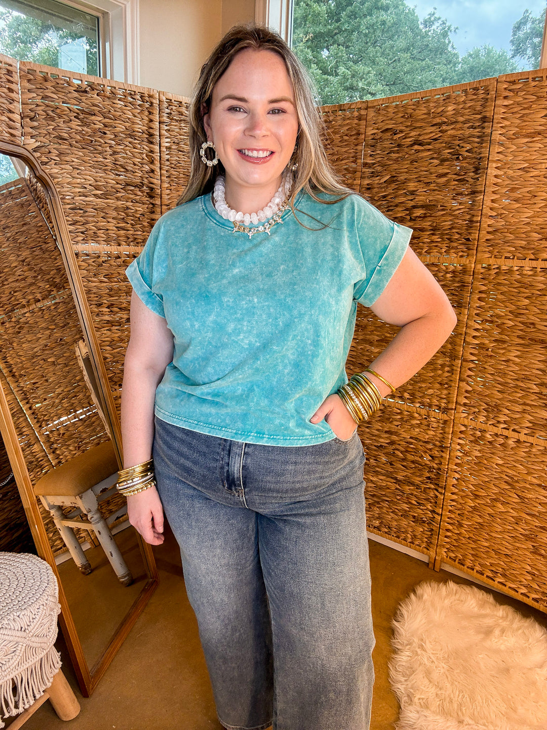Easy Chic Mineral Washed Short Sleeve Cropped Tee in Teal Blue