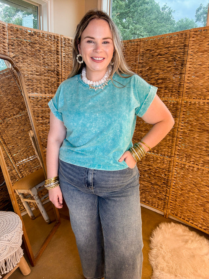 Easy Chic Mineral Washed Short Sleeve Cropped Tee in Teal Blue