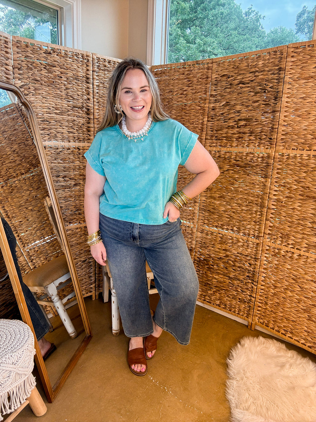 Easy Chic Mineral Washed Short Sleeve Cropped Tee in Turquoise Blue