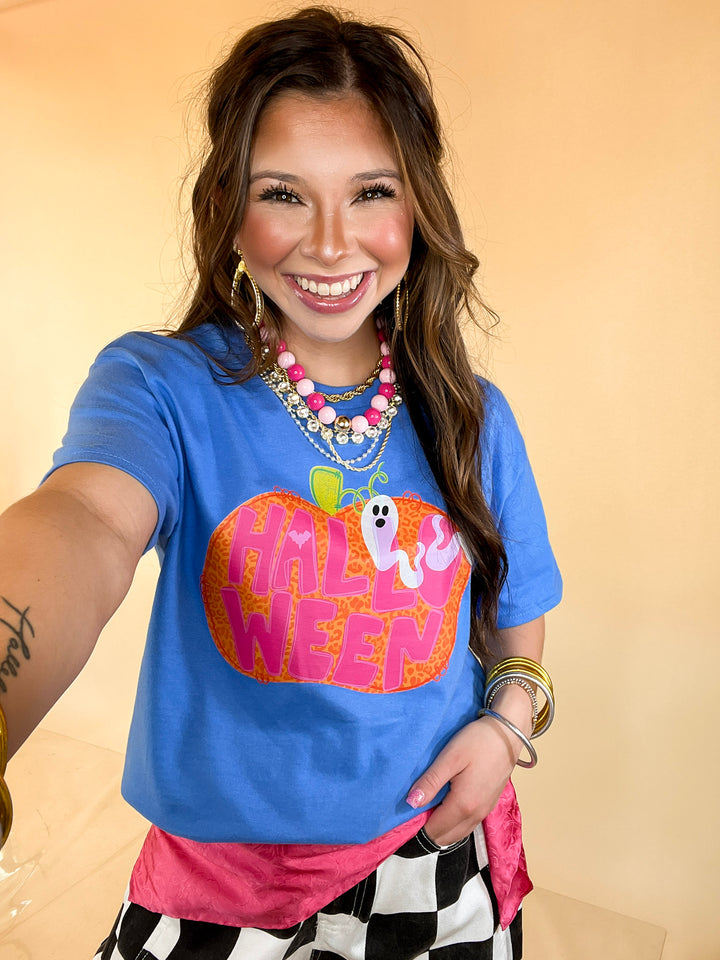 Boo Thing Colorful Leopard Print Pumpkin and Ghost Halloween Graphic Tee in Periwinkle Blue