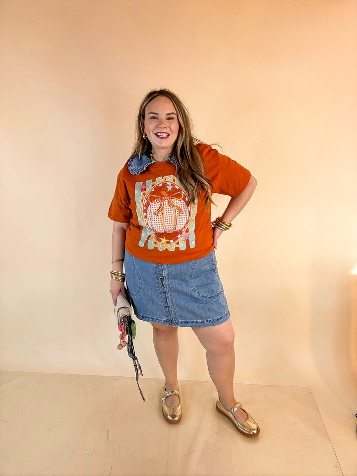 Sweet on the Season Gingham Pumpkin, Stripe and Polka Dot Design with Bow Detail Fall Graphic Tee in Rust Orange