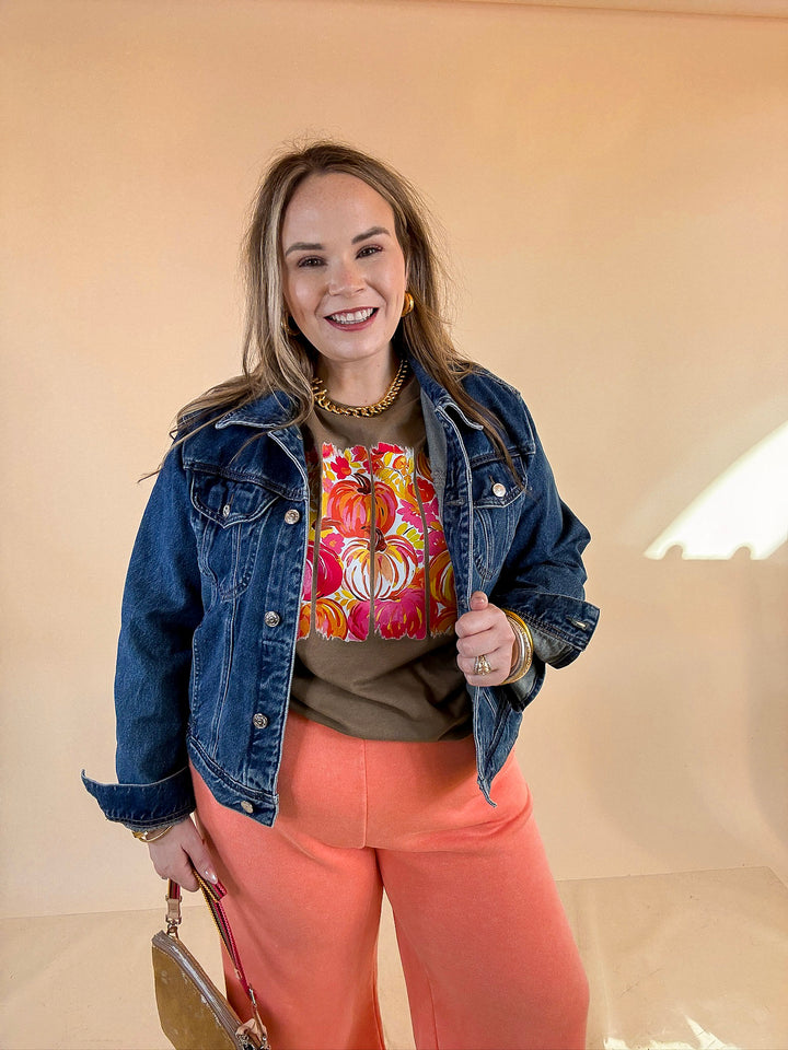 Art of the Season Painted Pumpkin and Floral Watercolor Stripes Fall Graphic Tee in Brown