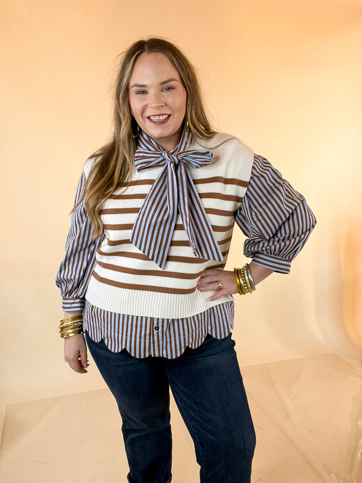 Stripe Things Up Drop Shoulder Knit Sweater in White with Tan Stripes