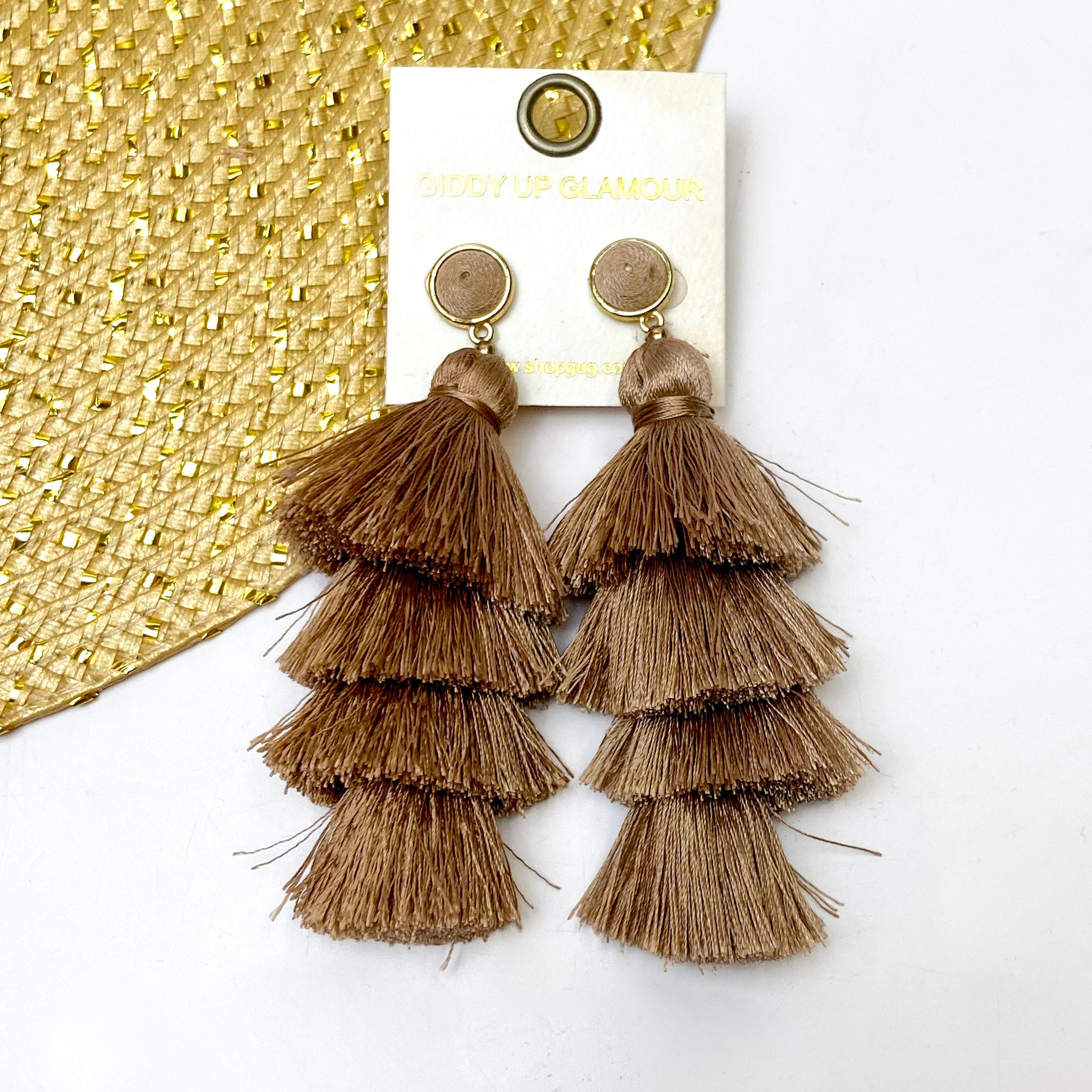 Four Tiered Tassel Earrings with Threaded Stud in Almond Brown