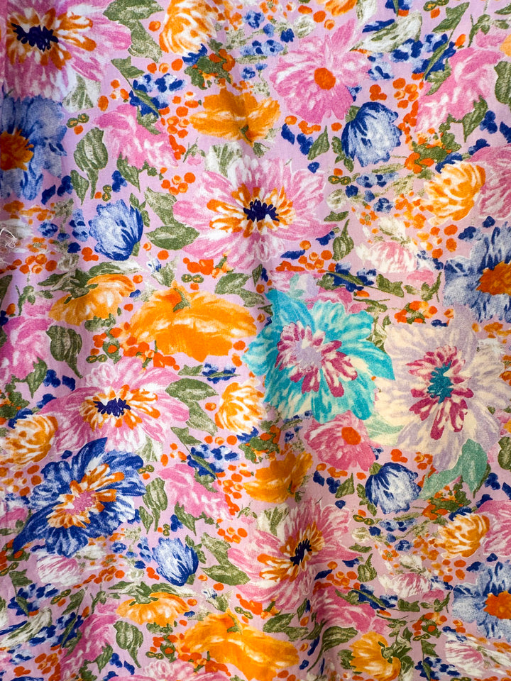 Blooming Beauty Floral Print V Neck Top with Smocked Neckline and Puff Sleeves in Pink Multi Color