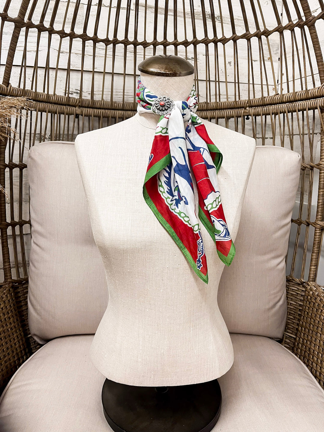XOXO Art & Co | Greetings from the Rodeo Print Shorty Wild Rag Scarf in Ivory, Green, Red and Blue