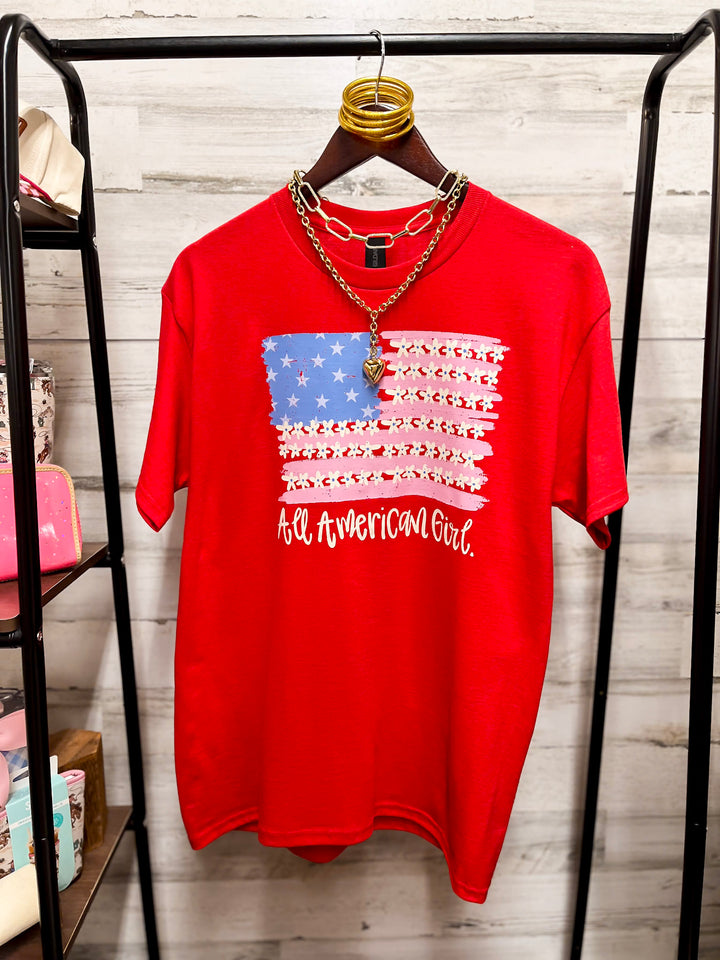 All American Darling USA Floral Flag Coquette Short Sleeve Graphic Tee with Bow Detailing in Red